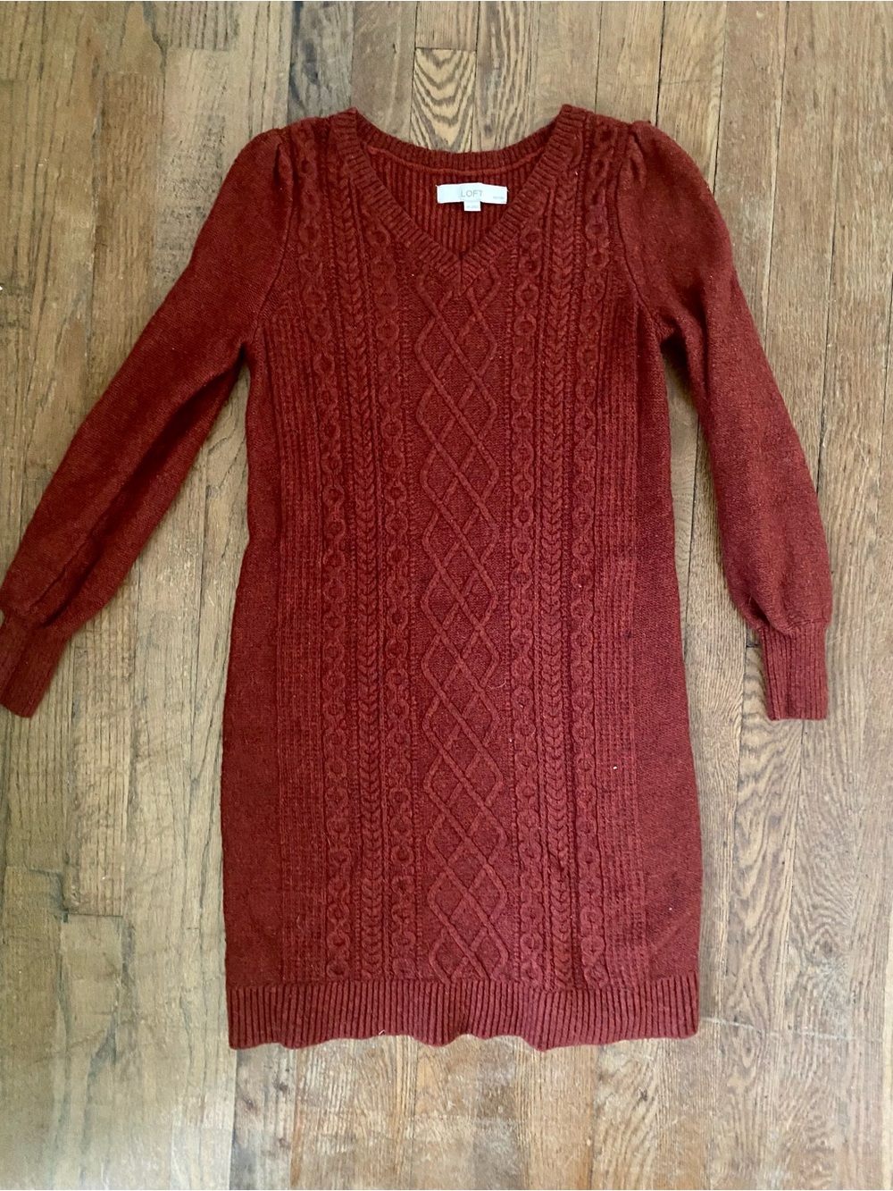 LOFT Cable-Knit V-Neck Sweater Dress in Rusty Red - Picture 1 of 4